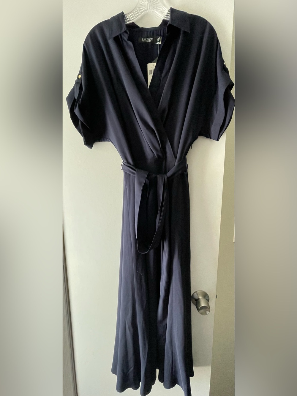 NEW LAUREN RALPH LAUREN LONG SILK DRESS W/ WAIST TIE IN NAVY - SIZE 14